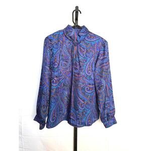 90s Vintage Notations P 12 Blue Purple Women's Long Sleeve Paisley Print Blouse